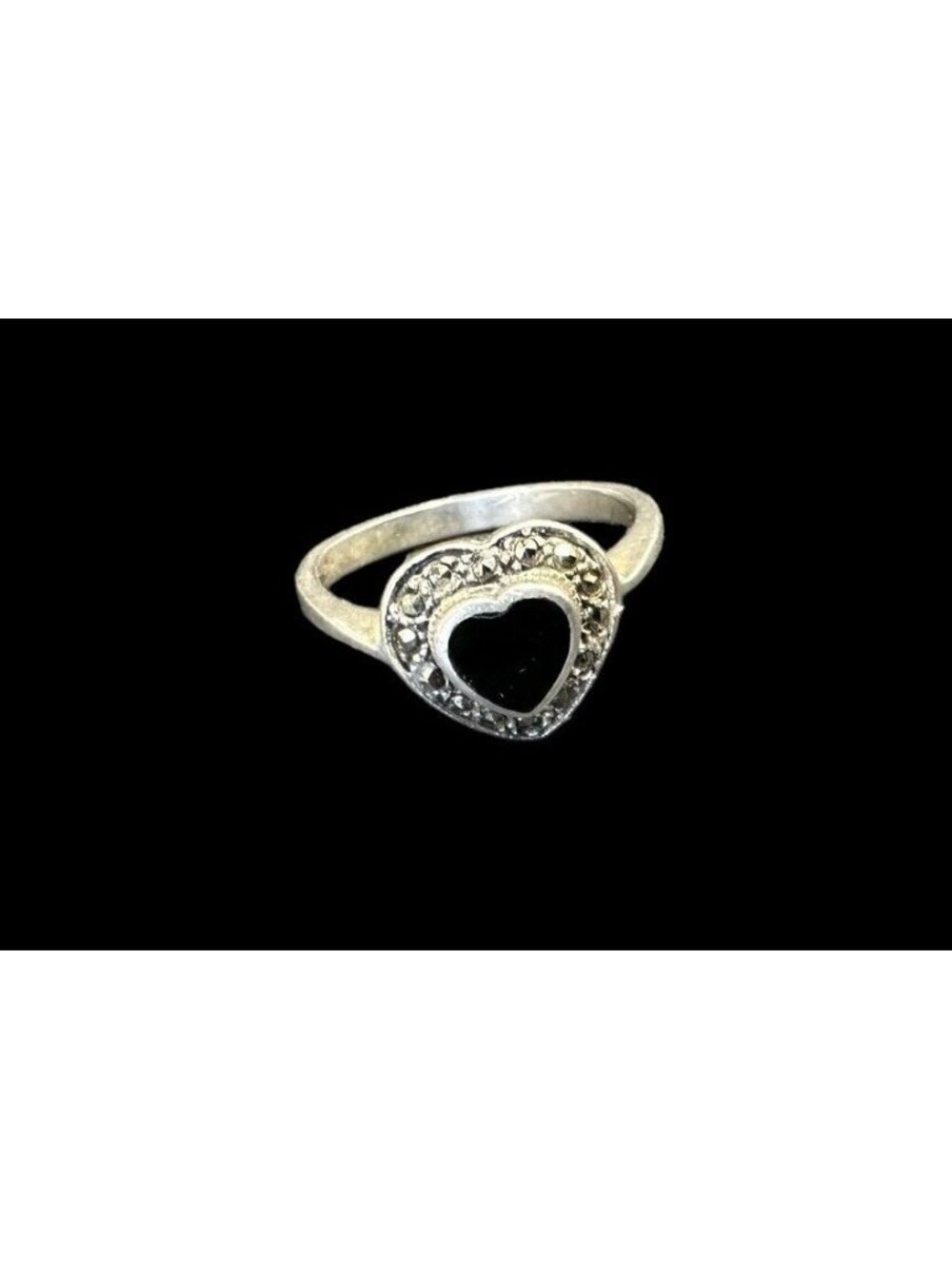 Signed 925 Boma Ring Marcasite Black Onyx Heart Band Size 7.5 Sterling Silver
